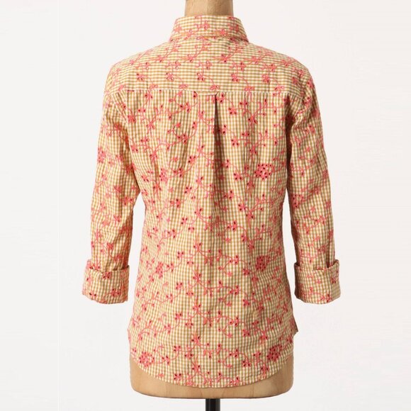 Odille Anthropologie yellow pink white gingham eyelet cotton button down shirt - Picture 3 of 8